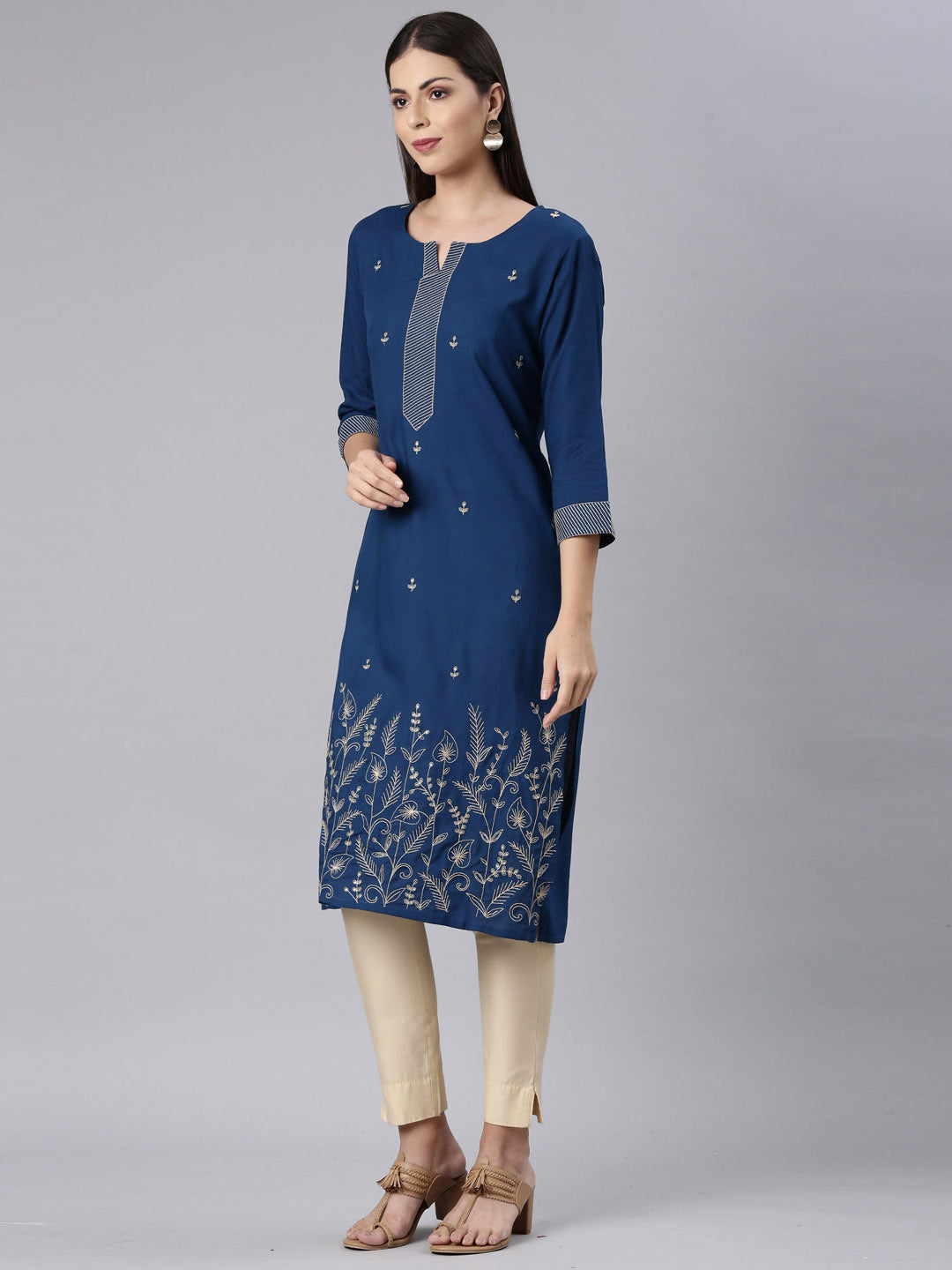 Neerus Blue rayon solid straight kurta - back view