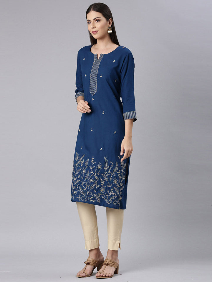 Neerus Blue rayon solid straight kurta - back view