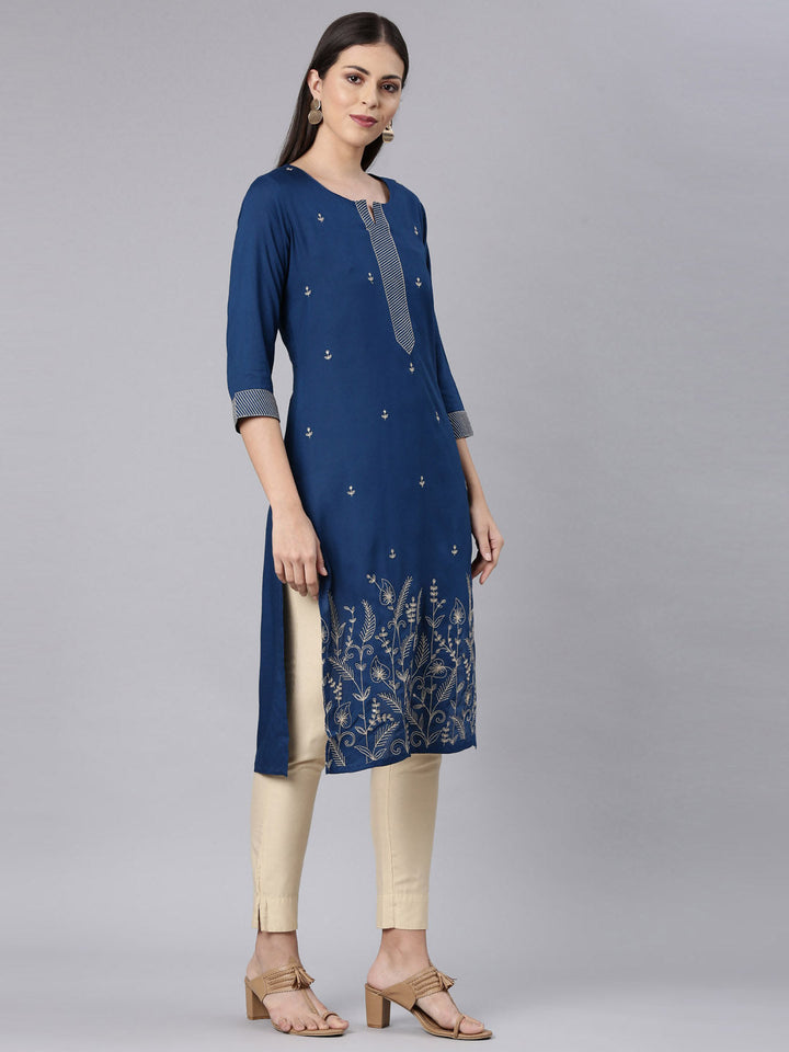 Neerus Blue rayon solid straight kurta - side view