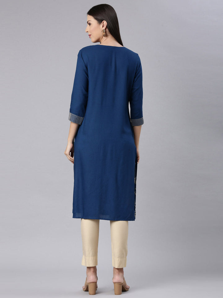 Neerus Blue rayon solid straight kurta - detail view 1