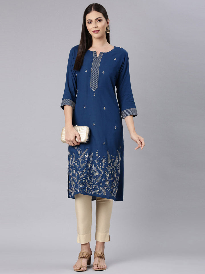 Neerus Blue rayon solid straight kurta - detail view 3