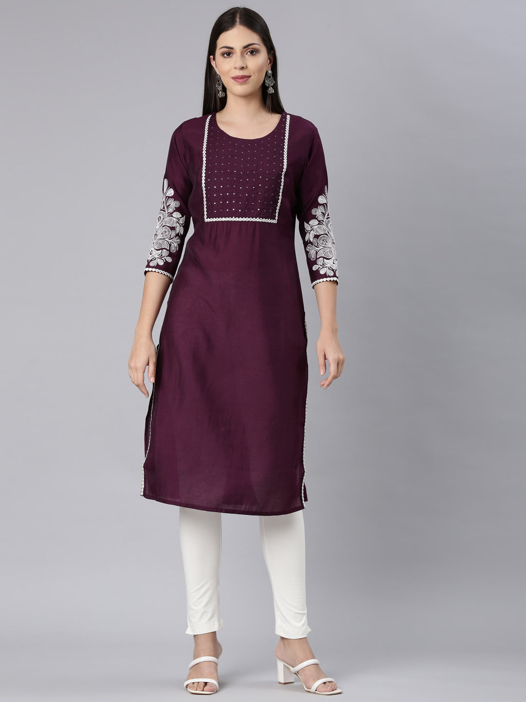 Neerus Purple shantoon solid straight kurta - front view