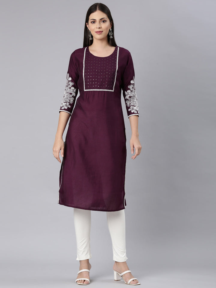 Neerus Purple shantoon solid straight kurta - front view