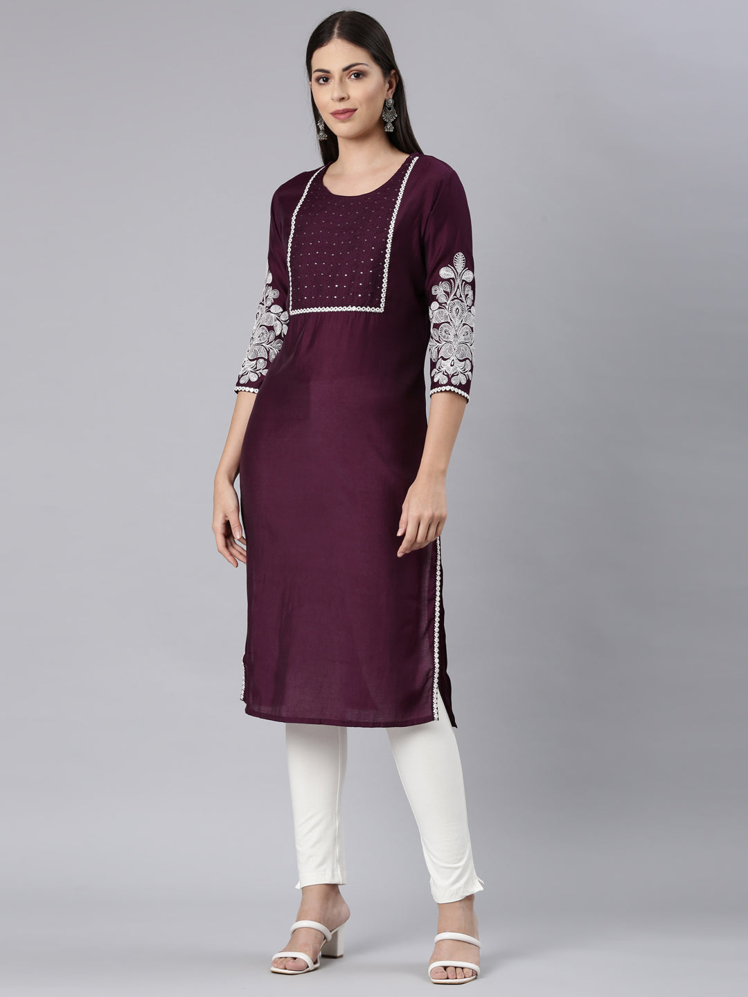Neerus Purple shantoon solid straight kurta - back view