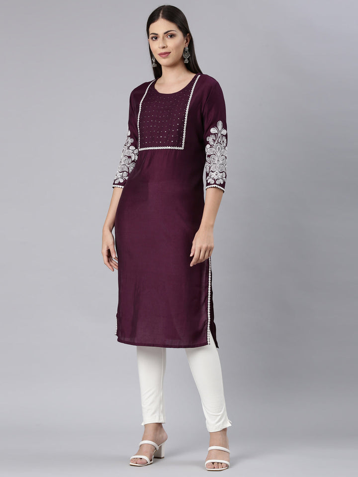 Neerus Purple shantoon solid straight kurta - back view