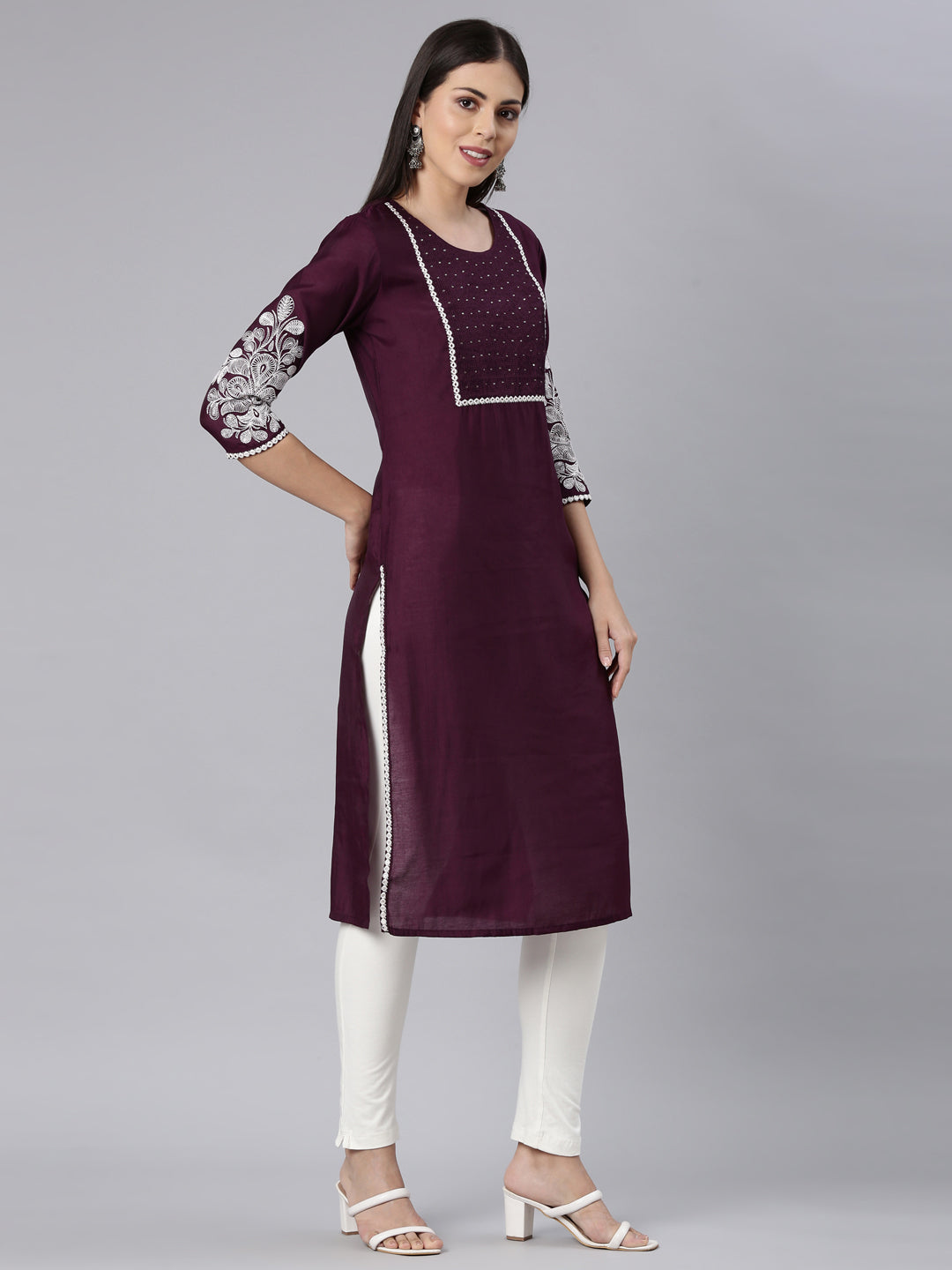 Neerus Purple shantoon solid straight kurta - side view