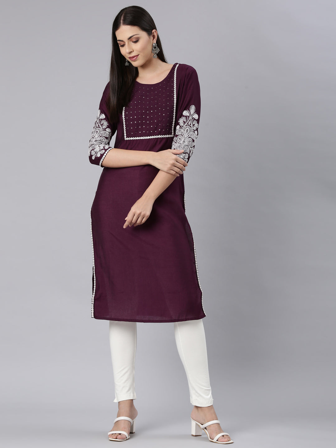 Neerus Purple shantoon solid straight kurta - detail view 3