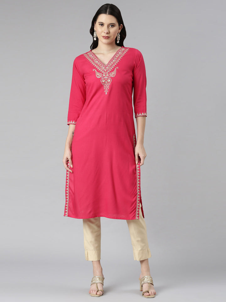 Neerus Pink rayon solid straight kurta - front view