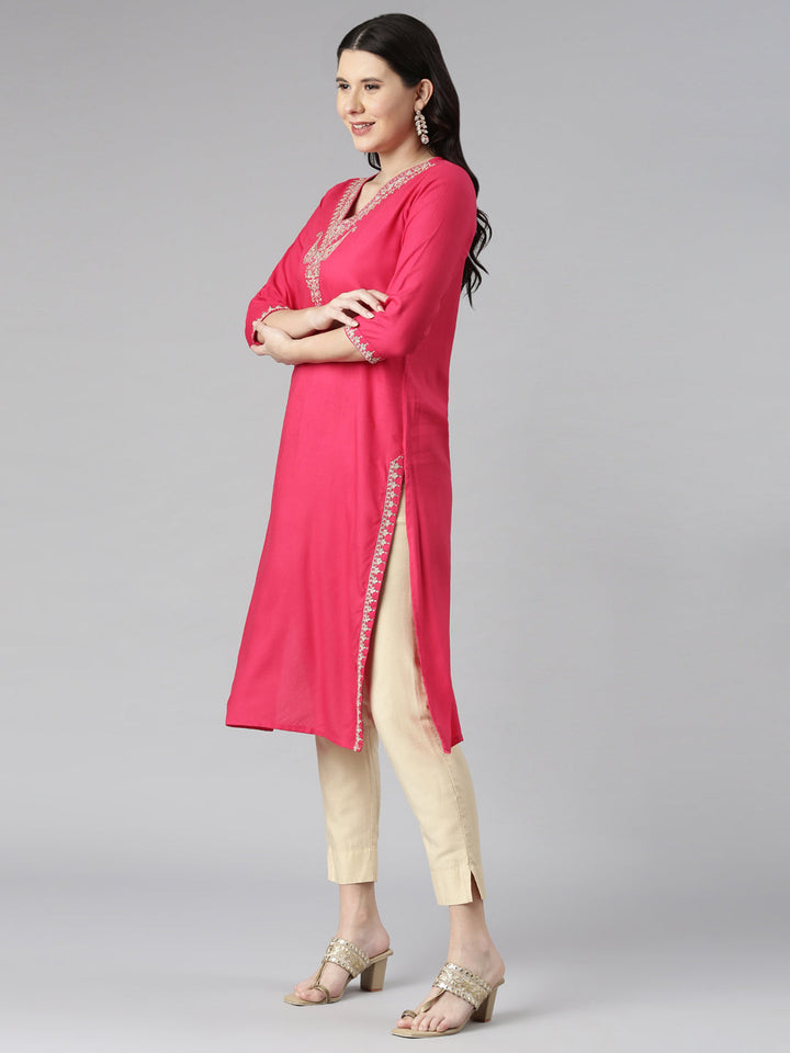 Neerus Pink rayon solid straight kurta - back view