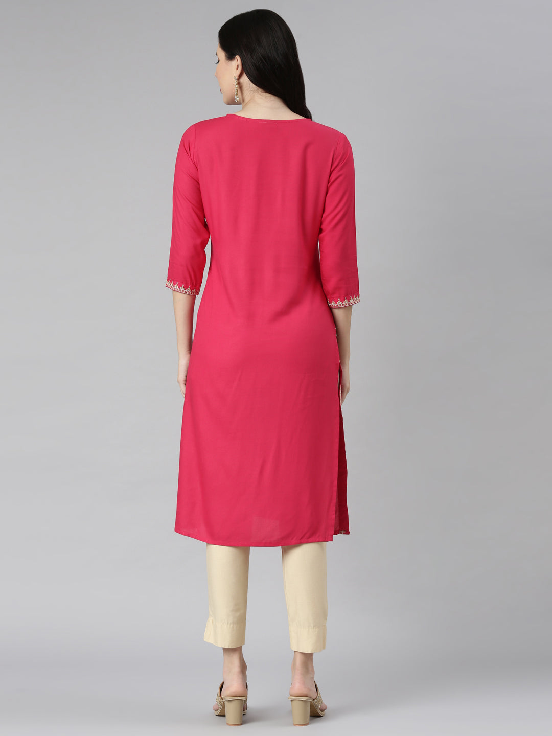 Neerus Pink rayon solid straight kurta - side view