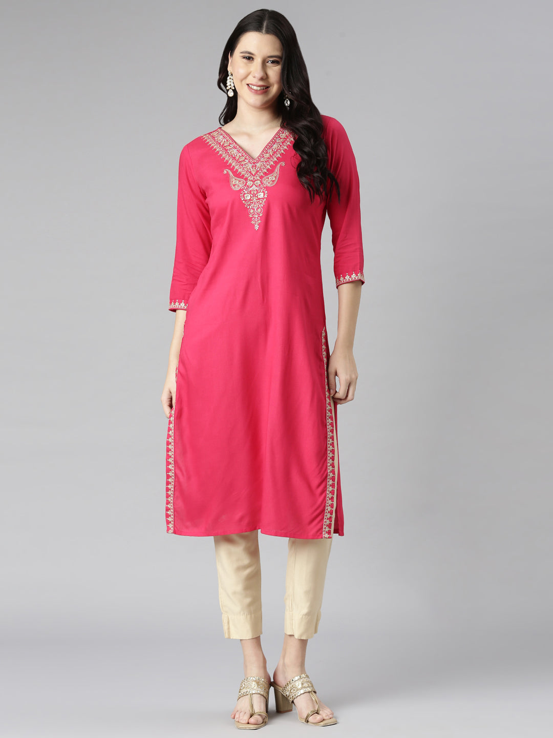 Neerus Pink rayon solid straight kurta - detail view 2