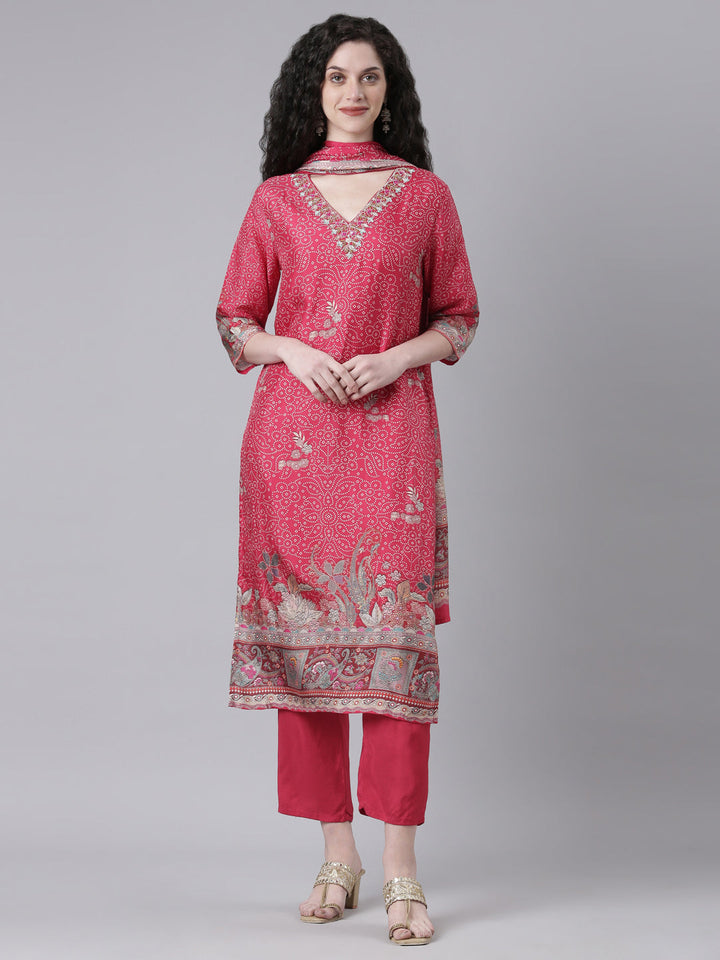 Neerus Pink Printed Straight Kurta and Trousers With Dupatta