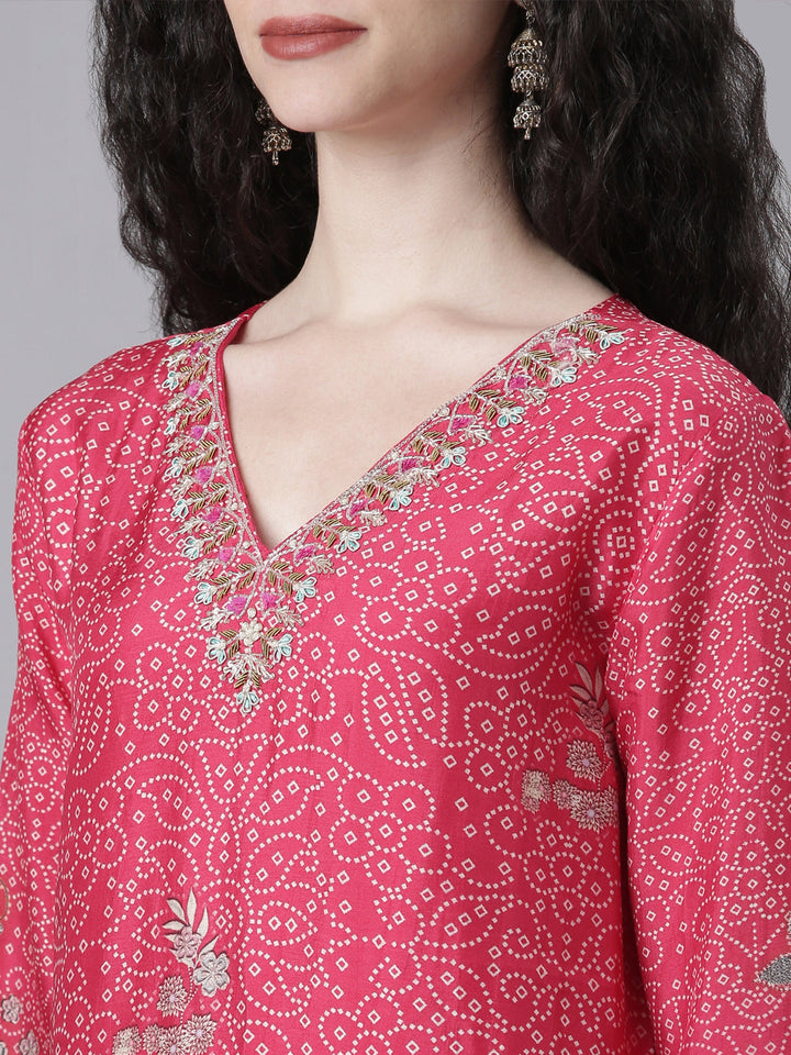 Neerus Pink Printed Straight Kurta and Trousers With Dupatta