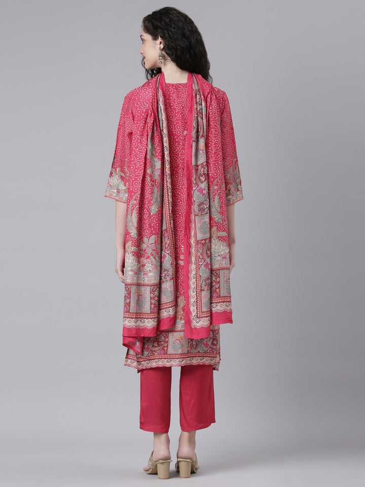 Neerus Pink Printed Straight Kurta and Trousers With Dupatta