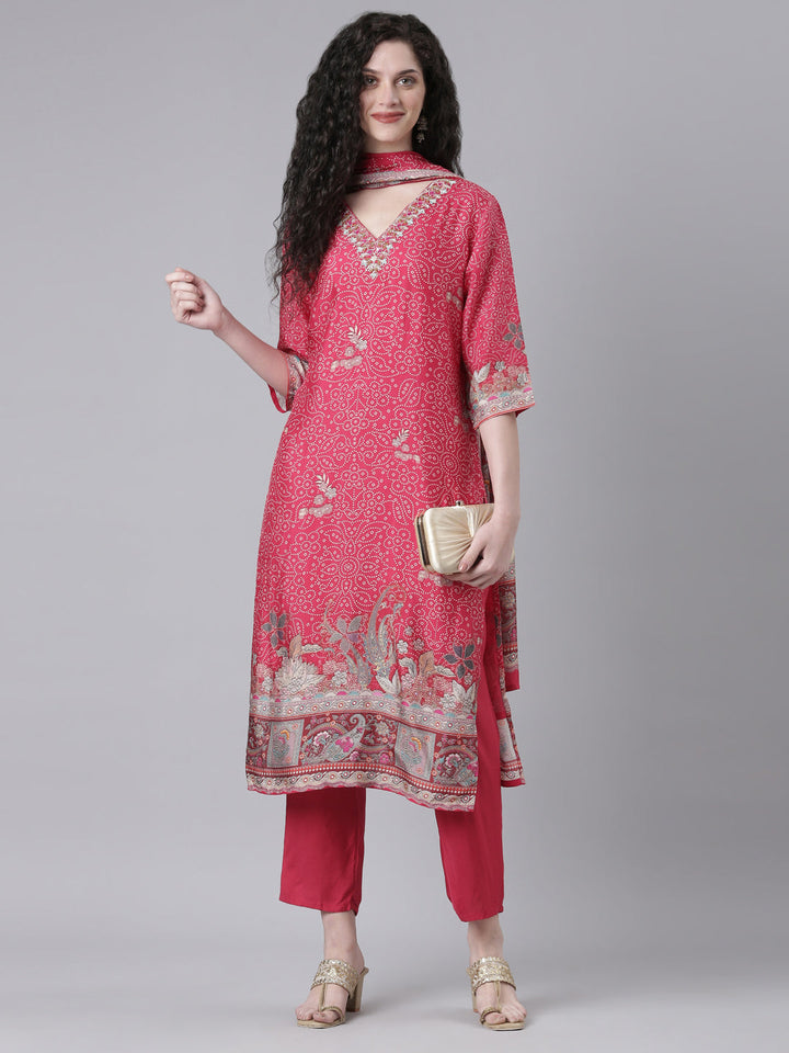 Neerus Pink Printed Straight Kurta and Trousers With Dupatta