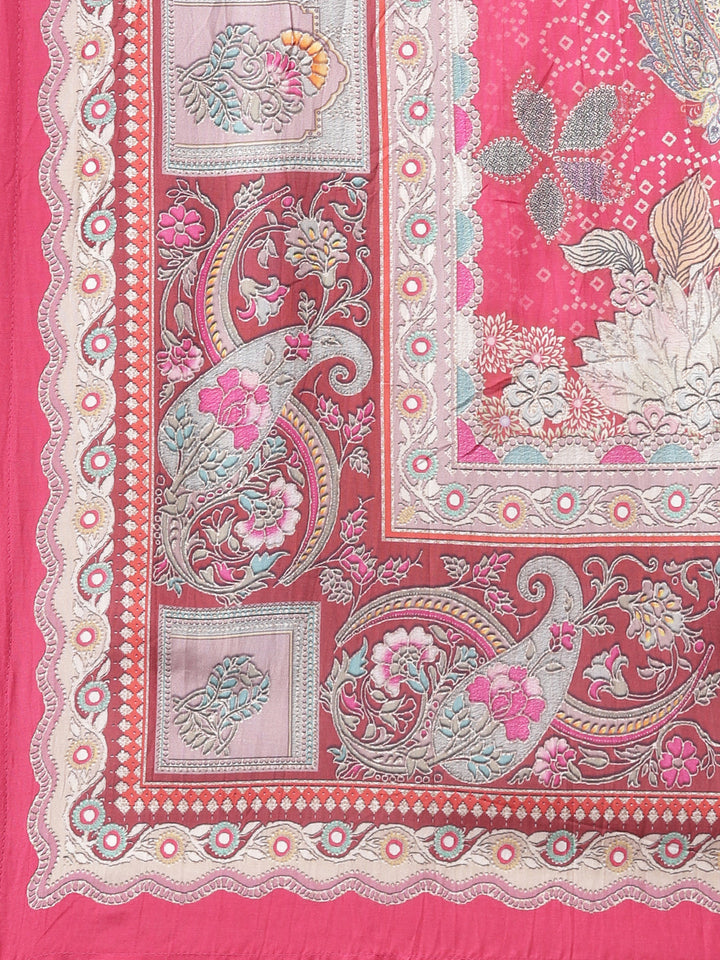 Neerus Pink Printed Straight Kurta and Trousers With Dupatta