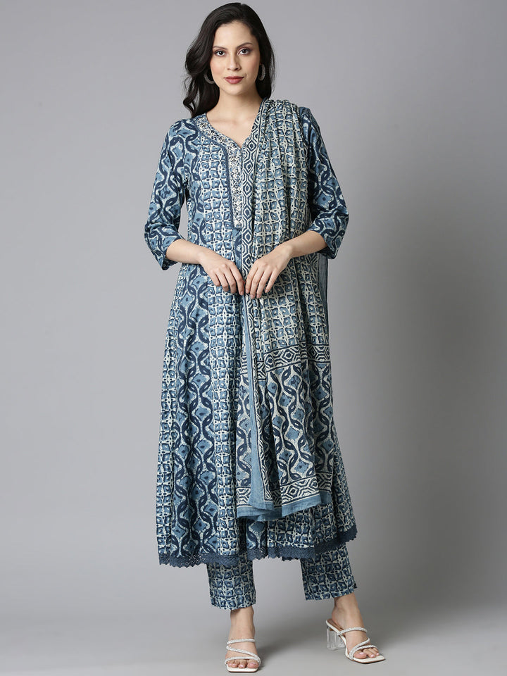 Neerus Blue cotton printed Anarkali suit set - front view