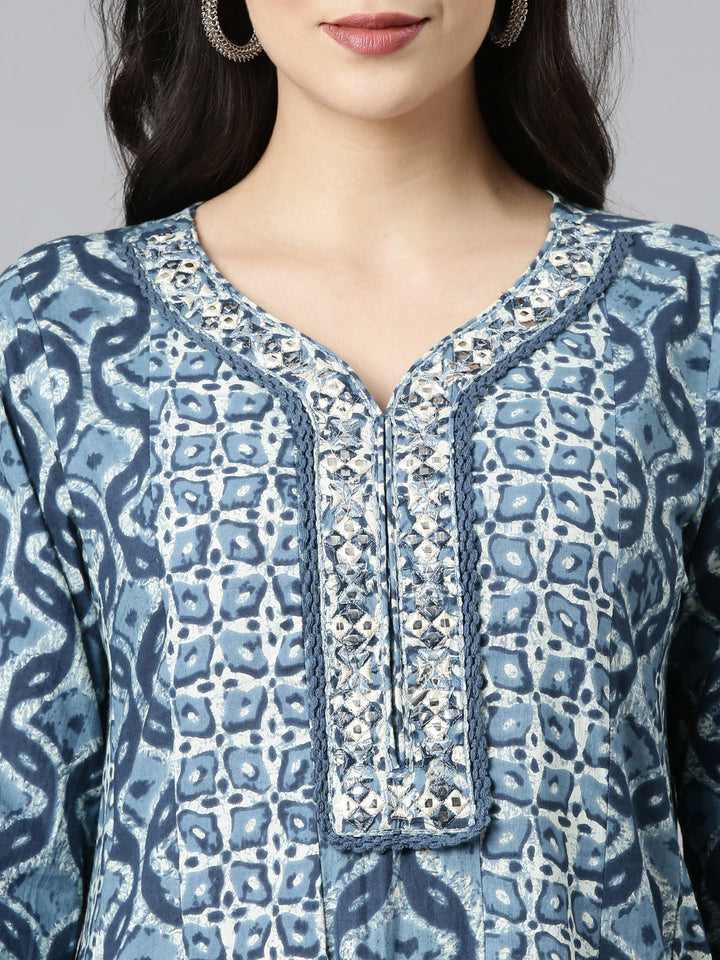 Neerus Blue cotton printed Anarkali suit set - detail view 1