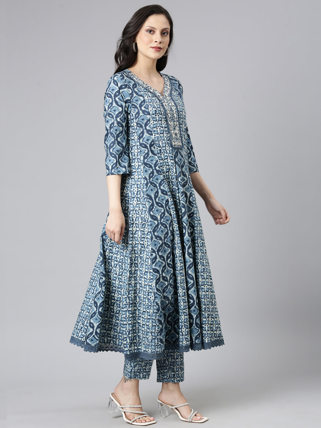 Neerus Blue cotton printed Anarkali suit set - back view