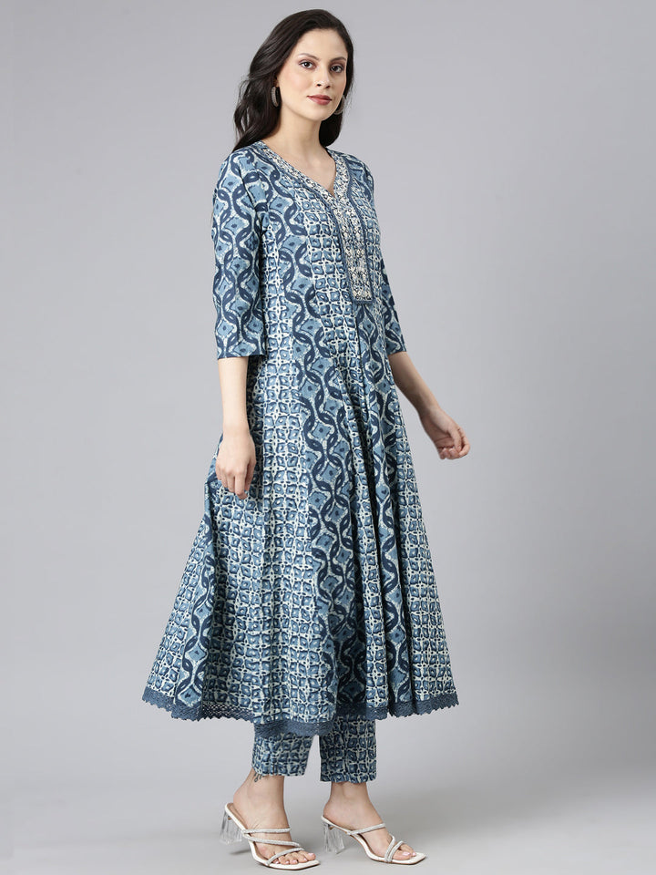 Neerus Blue cotton printed Anarkali suit set - back view