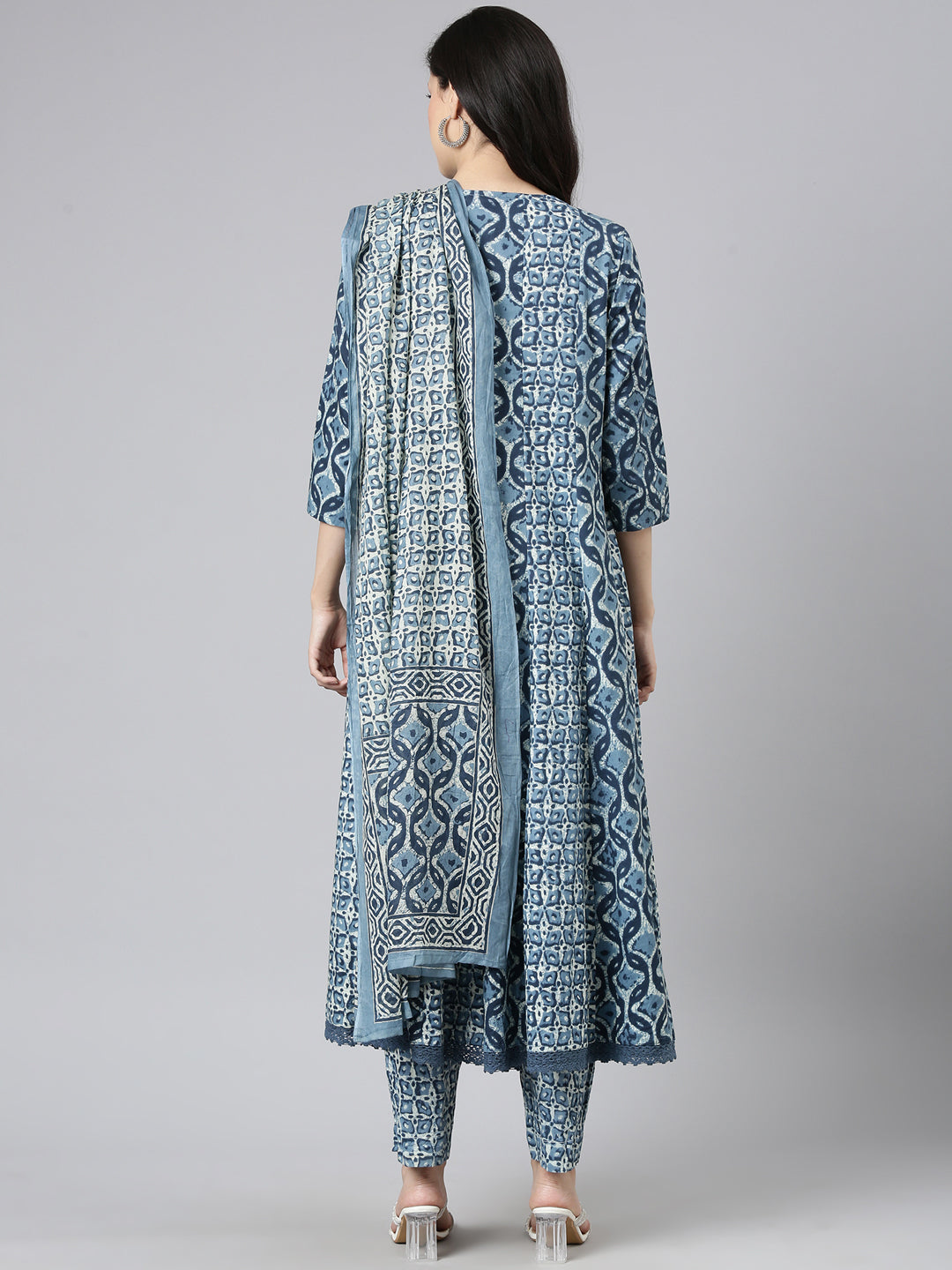 Neerus Blue cotton printed Anarkali suit set - side view