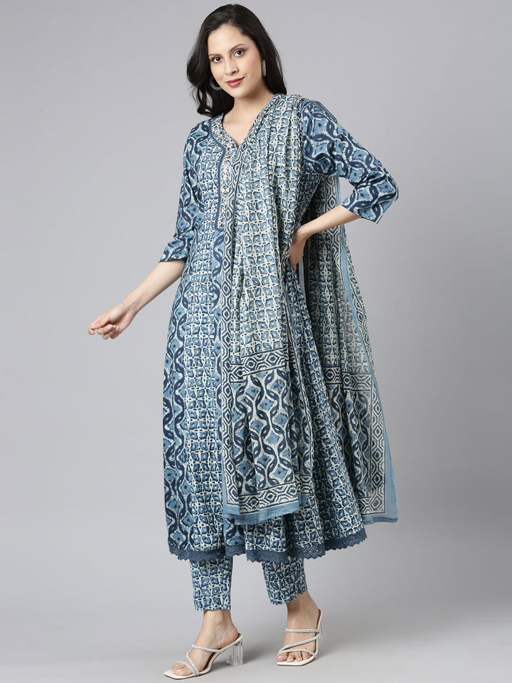 Neerus Blue cotton printed Anarkali suit set - detail view 2