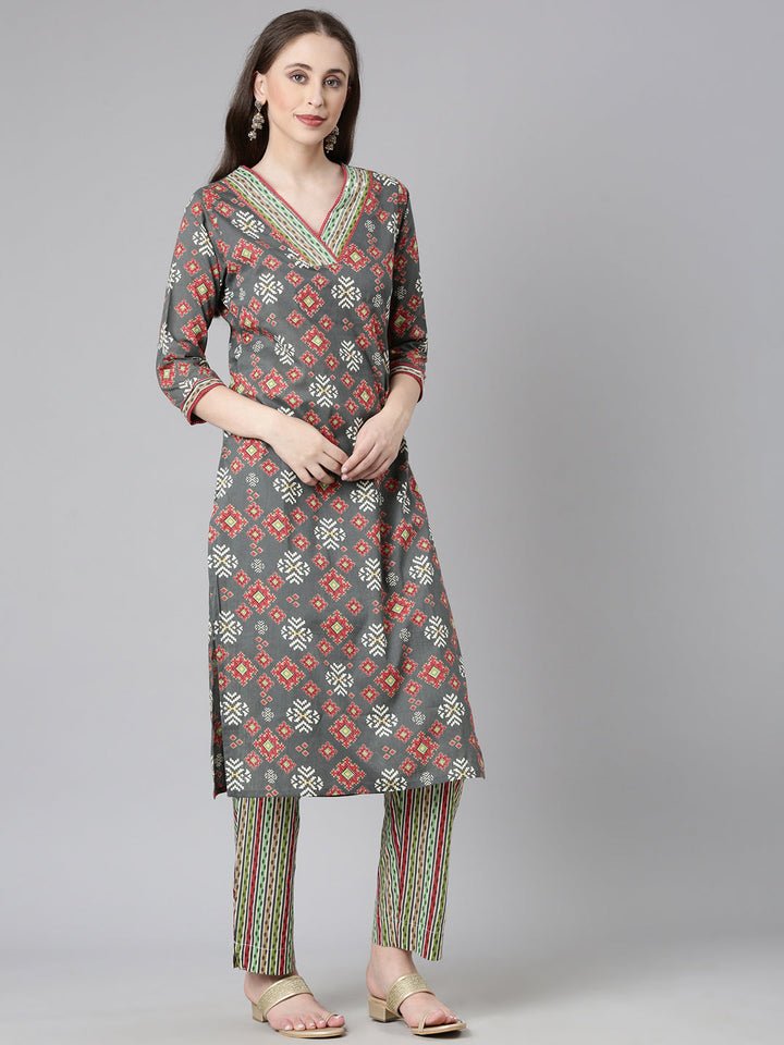 Neerus Grey Printed Straight Kurta and Trousers With Dupatta