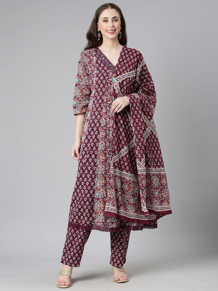 Neerus Maroon Printed Straight Kurta and Trousers With Dupatta