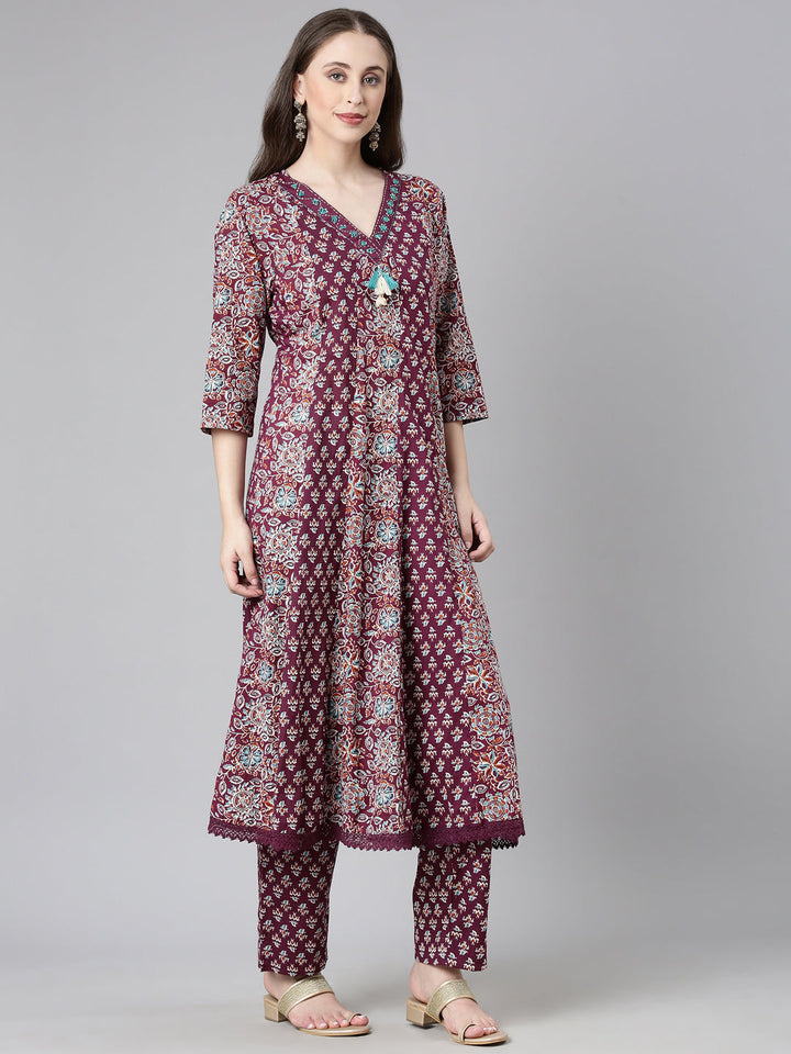Neerus Maroon Printed Straight Kurta and Trousers With Dupatta