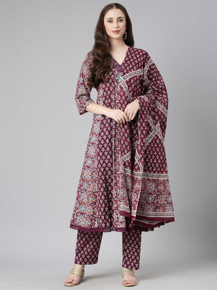 Neerus Maroon Printed Straight Kurta and Trousers With Dupatta
