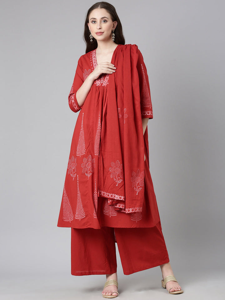 Neerus Red Printed A-Line Kurta and Trousers With Dupatta