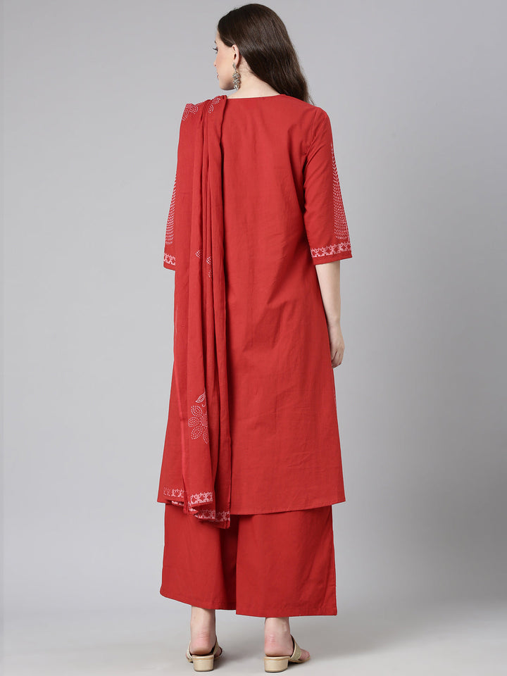 Neerus Red Printed A-Line Kurta and Trousers With Dupatta
