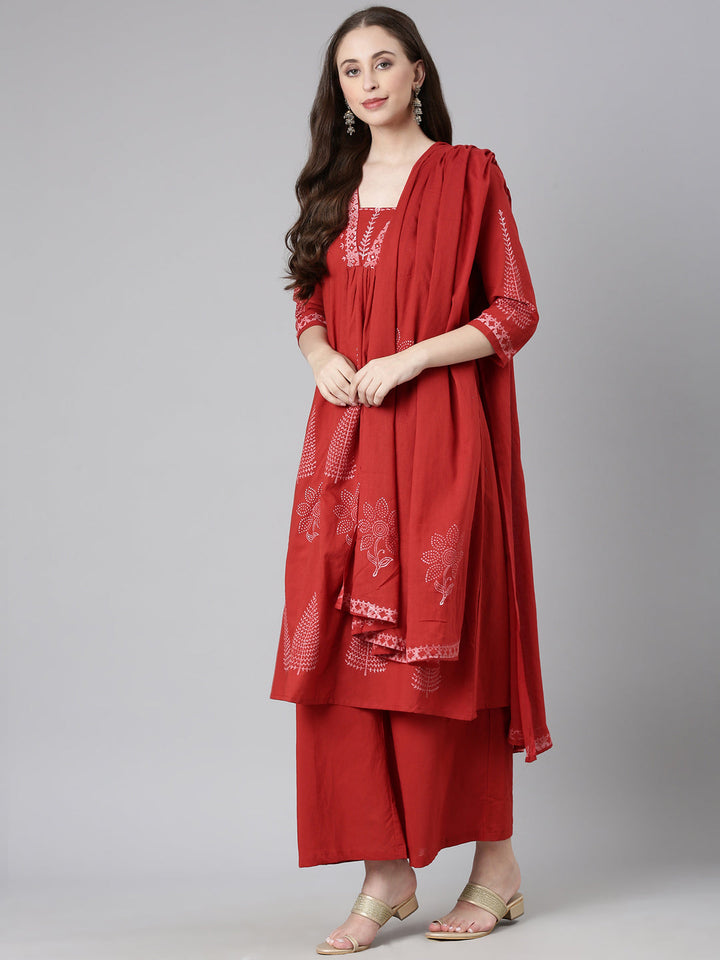 Neerus Red Printed A-Line Kurta and Trousers With Dupatta
