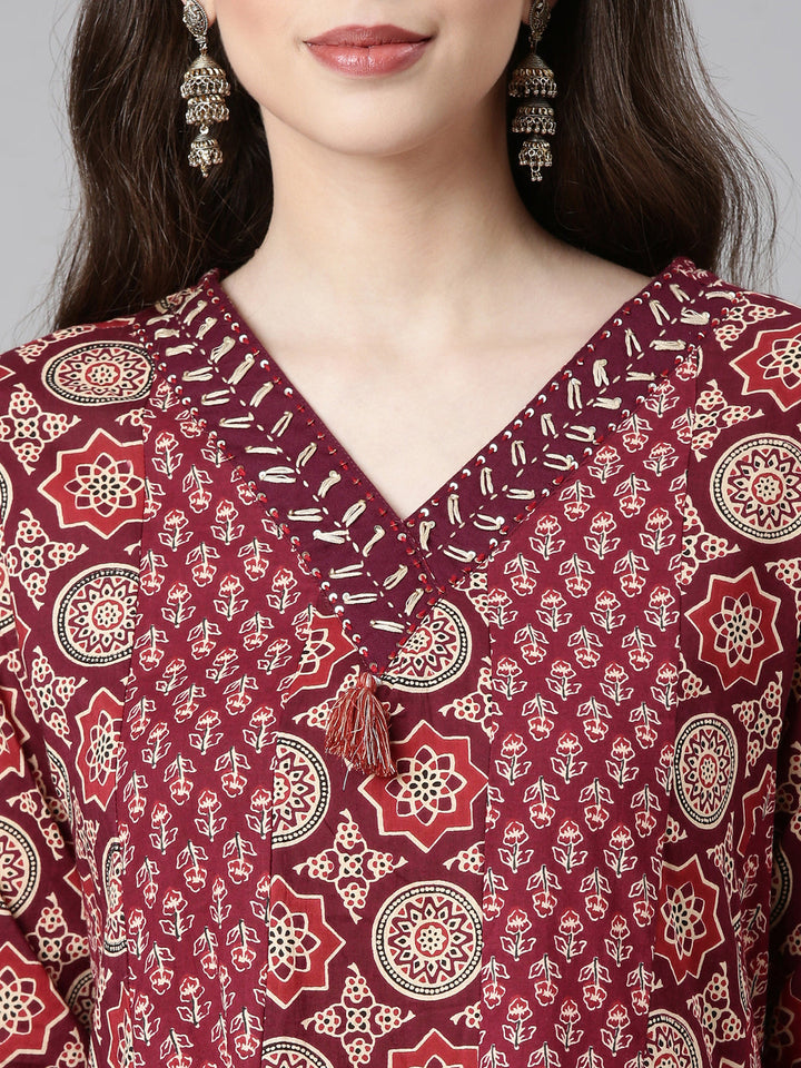 Neerus Maroon Printed Anarkali Kurta and Trousers With Dupatta