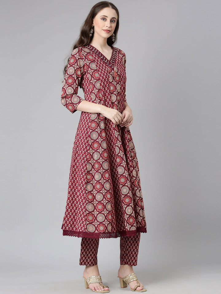 Neerus Maroon Printed Anarkali Kurta and Trousers With Dupatta