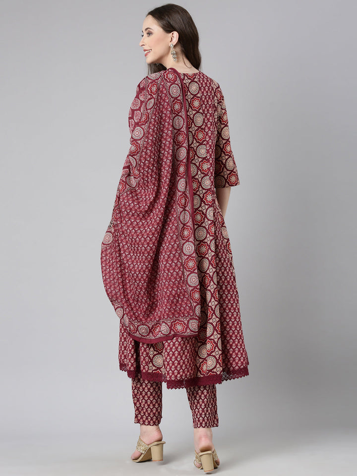 Neerus Maroon Printed Anarkali Kurta and Trousers With Dupatta