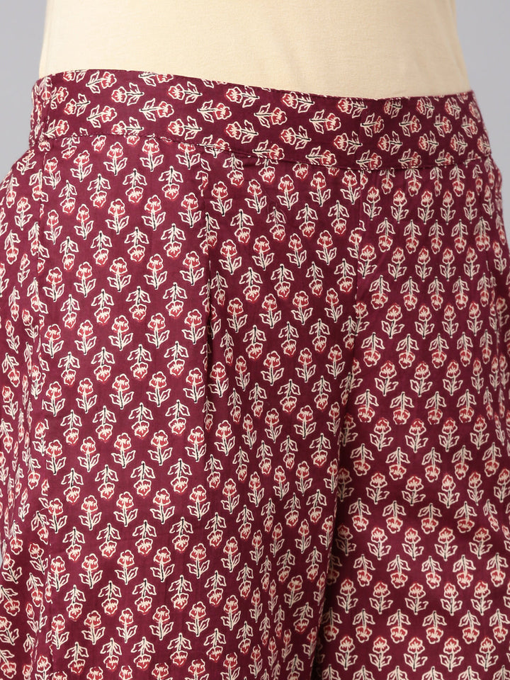 Neerus Maroon Printed Anarkali Kurta and Trousers With Dupatta