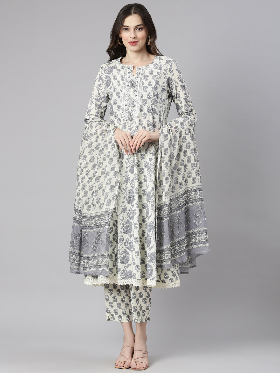 Neerus White cotton printed Anarkali suit set - front view
