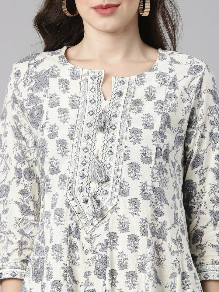 Neerus White cotton printed Anarkali suit set - detail view 1