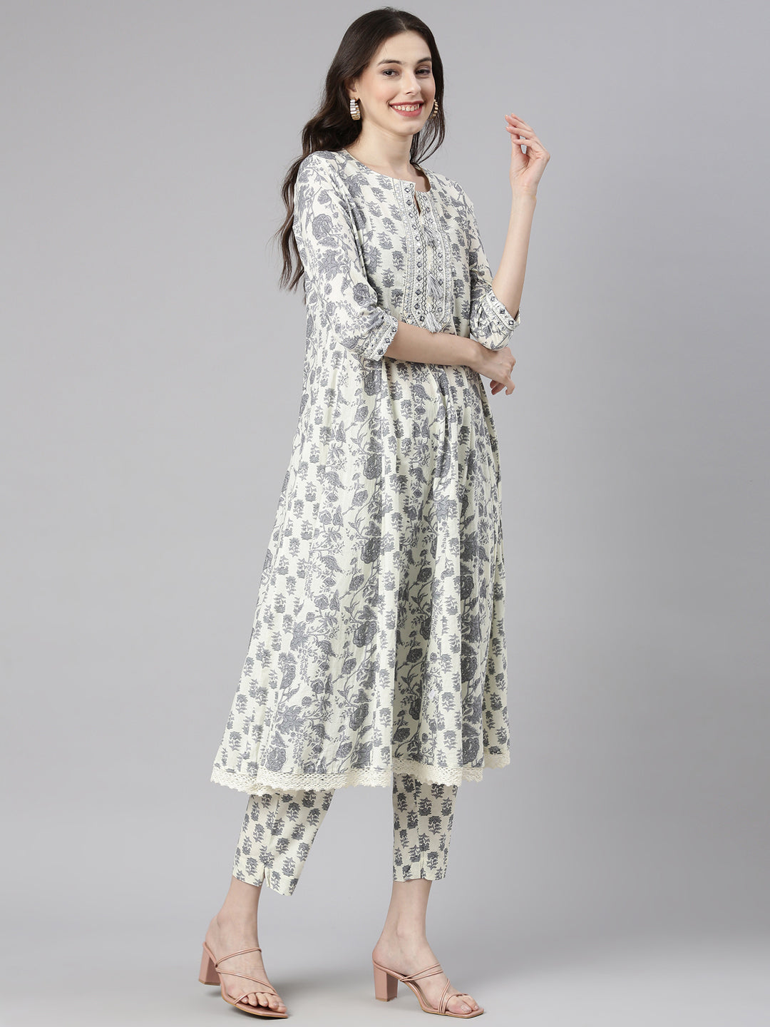 Neerus White cotton printed Anarkali suit set - back view
