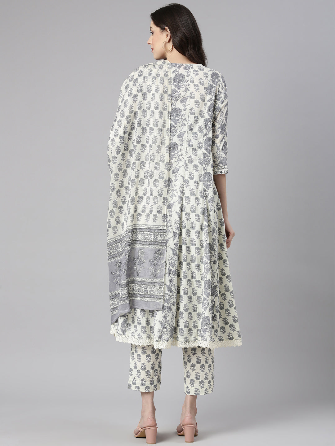 Neerus White cotton printed Anarkali suit set - side view