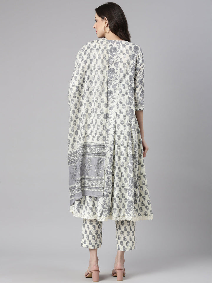 Neerus White cotton printed Anarkali suit set - side view