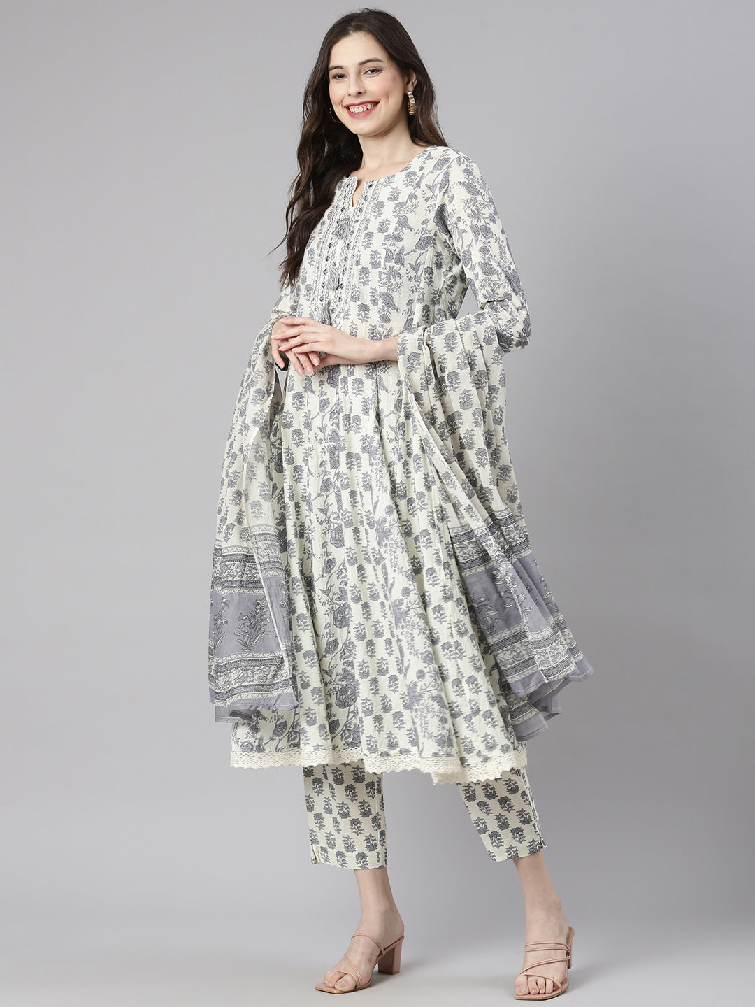 Neerus White cotton printed Anarkali suit set - detail view 2