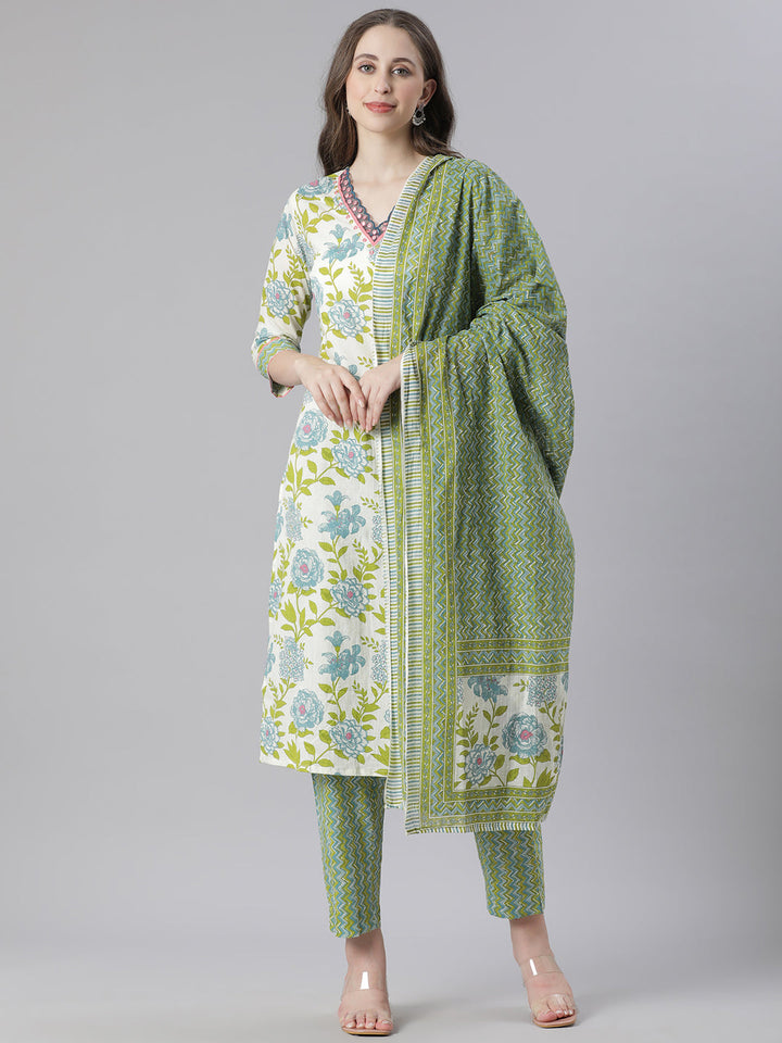 Neerus Green Printed Straight Kurta and Trousers With Dupatta