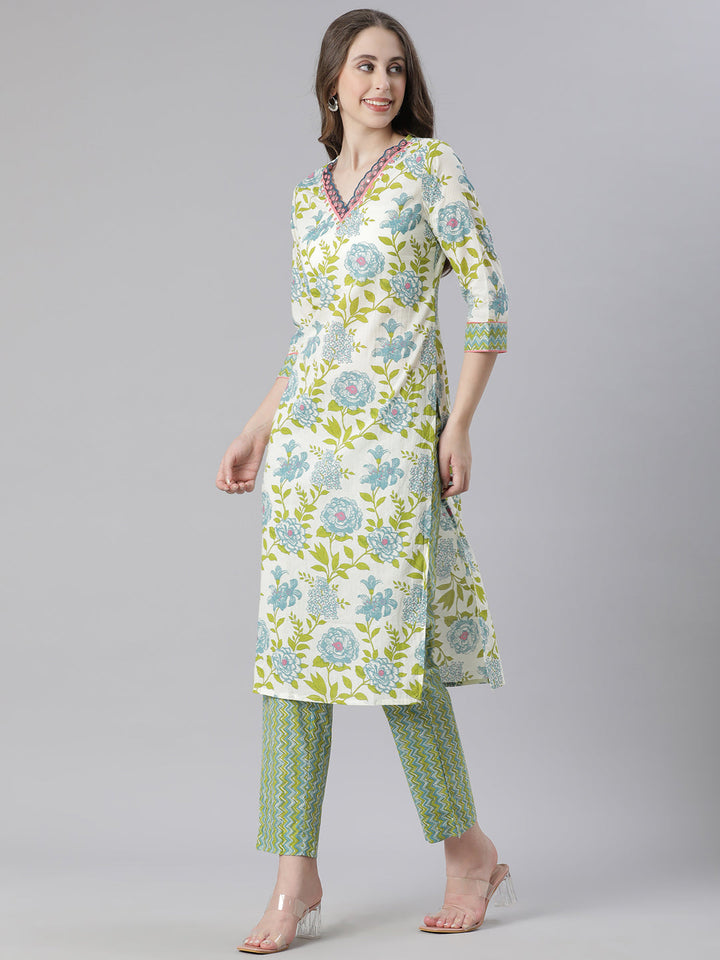 Neerus Green Printed Straight Kurta and Trousers With Dupatta