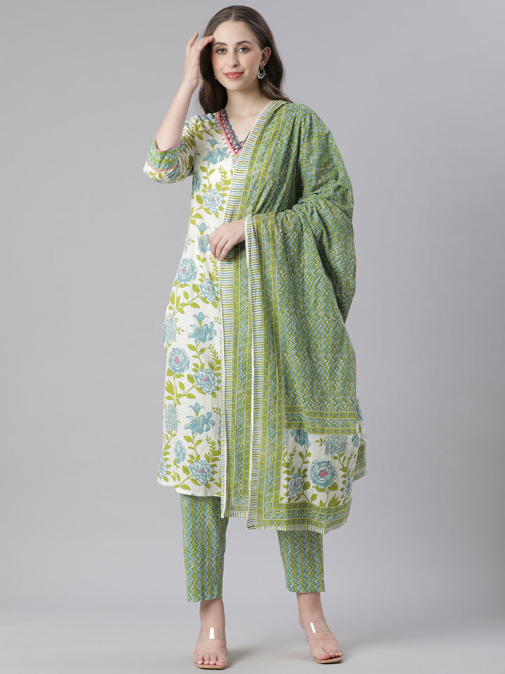 Neerus Green Printed Straight Kurta and Trousers With Dupatta