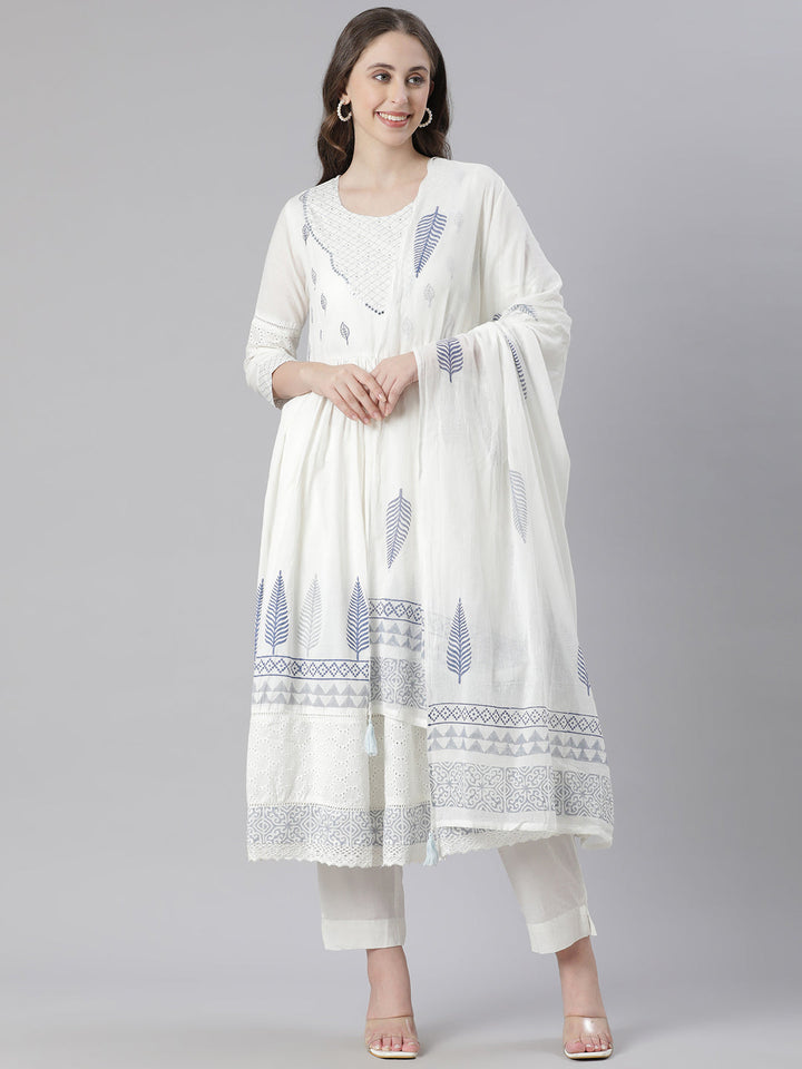 Neerus Blue Printed Anarkali Kurta and Trousers With Dupatta