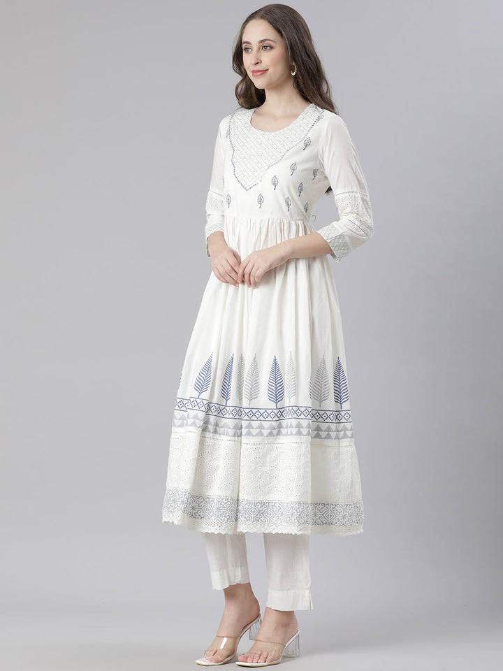 Neerus Blue Printed Anarkali Kurta and Trousers With Dupatta