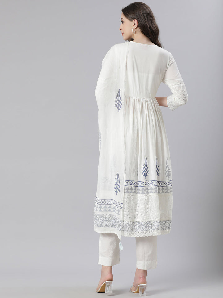 Neerus Blue Printed Anarkali Kurta and Trousers With Dupatta