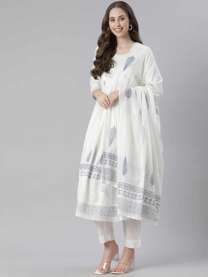 Neerus Blue Printed Anarkali Kurta and Trousers With Dupatta